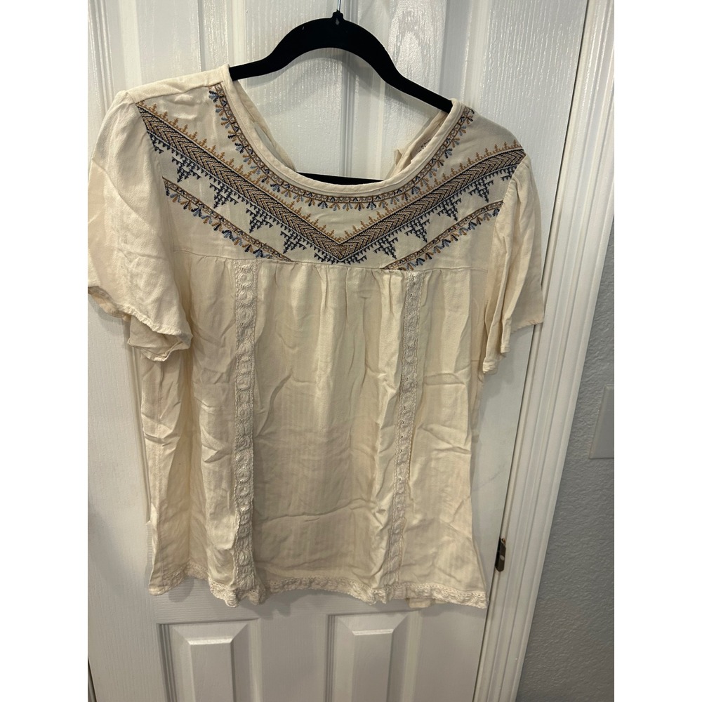 Knox Rose Peasant Blouse Cream‎ Embroidered Tassel Boho Short Sleeve Top L